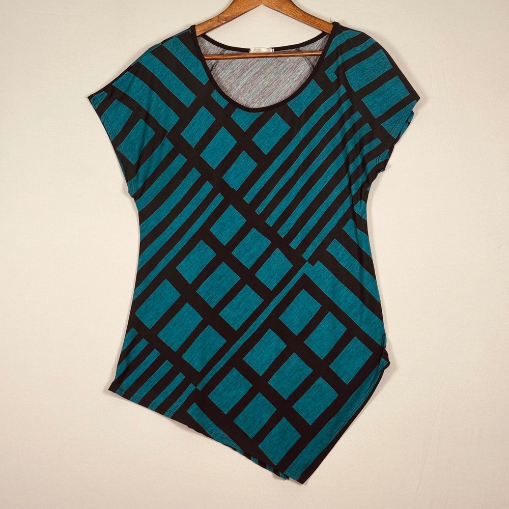Blue Tuju Geometric Top Women Large Teal Black Excellent Y2K Asymmetrical Hem